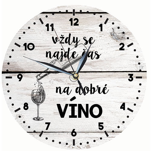 Dřevěné hodiny s potiskem - čas na dobré víno