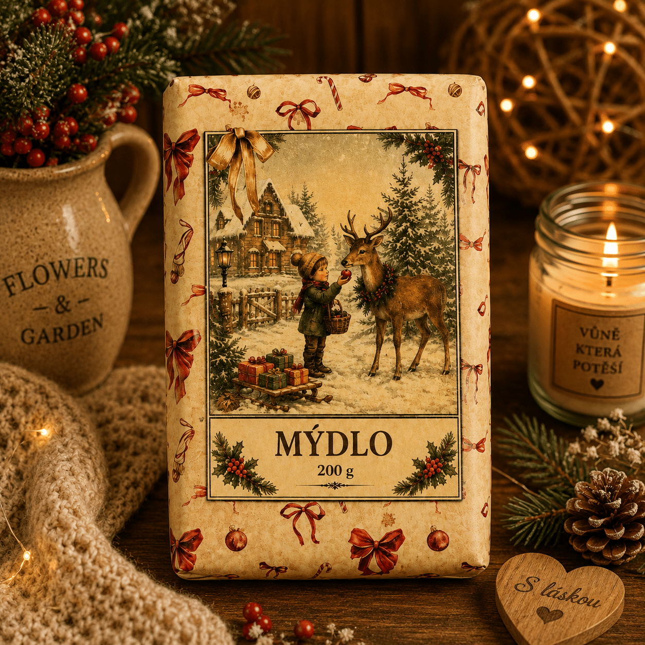 Vánoční tuhé mýdlo 200 g - béžové - dítě se sobem