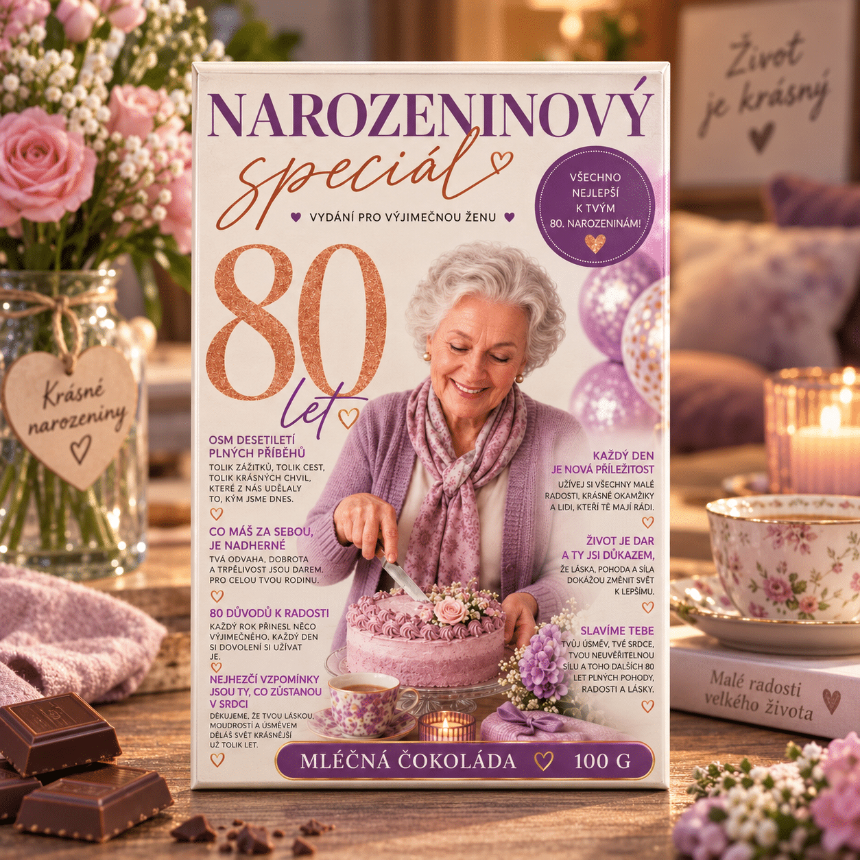 BC260270 Dárková mléčná čokoláda 100 g 21x13,5 cm - narozeninový speciál 80 - Obrázek 1